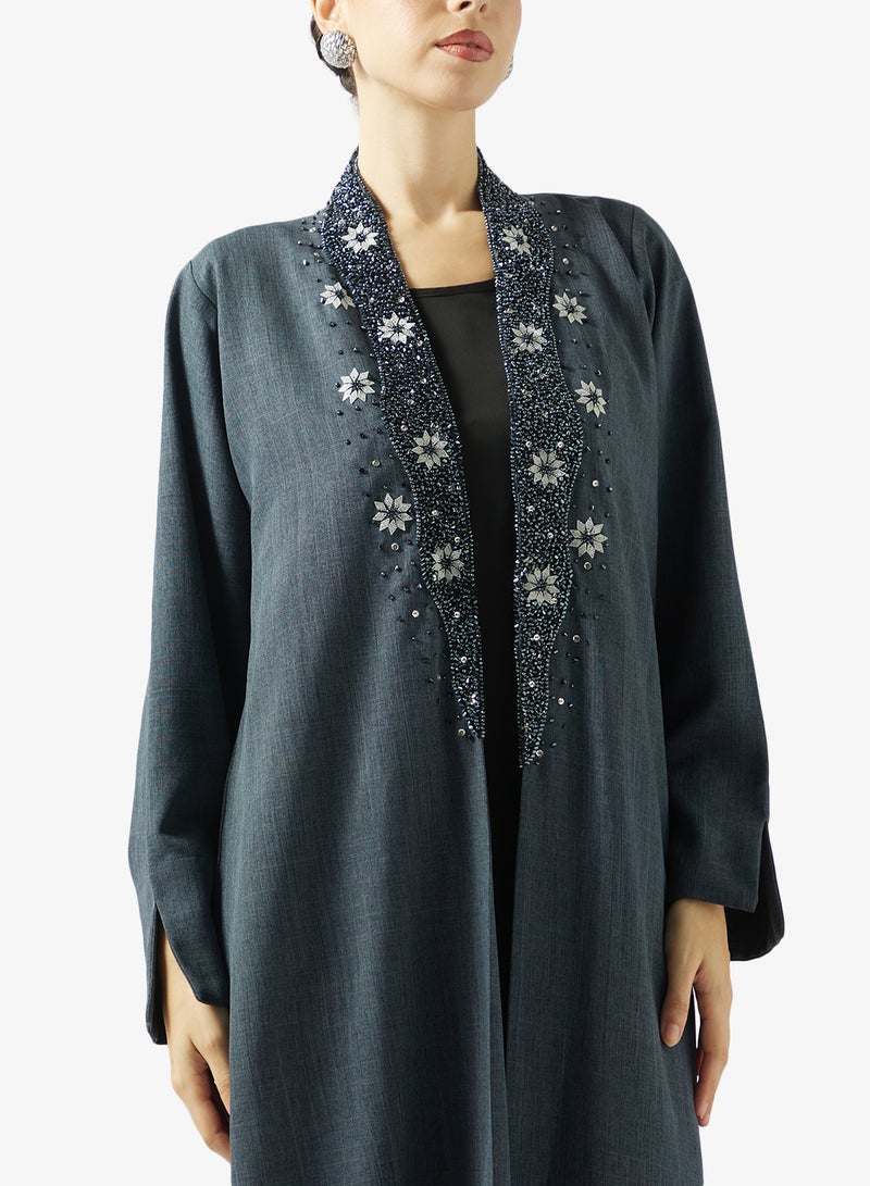 hayas closet Floral Embroidered And Embellished Open Front High Neck Abaya - Image 3
